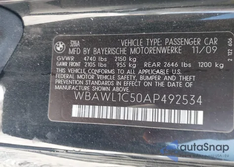 2010 BMW 328I из США, поврежденный, VIN WBAWL1C50AP492534